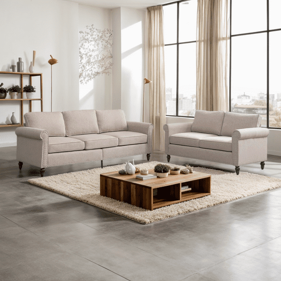 MUZZ Living Room Furniture Sets with 5.9"Upholstered Cushion, 3-Seater Sofa Couch and Loveseat, Sofa Set for Living Room(Beige)