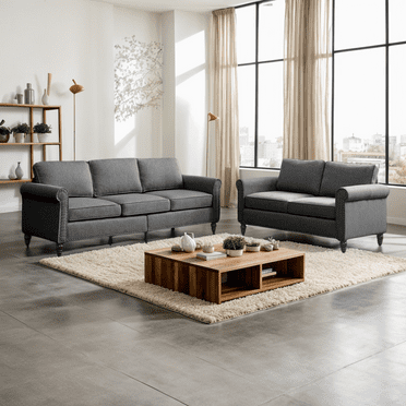 MUZZ Living Room Furniture Sets with 5.9"Upholstered Cushion, 3-Seater Sofa Couch and Loveseat,Sofa Set for Living Room(Dark Grey)