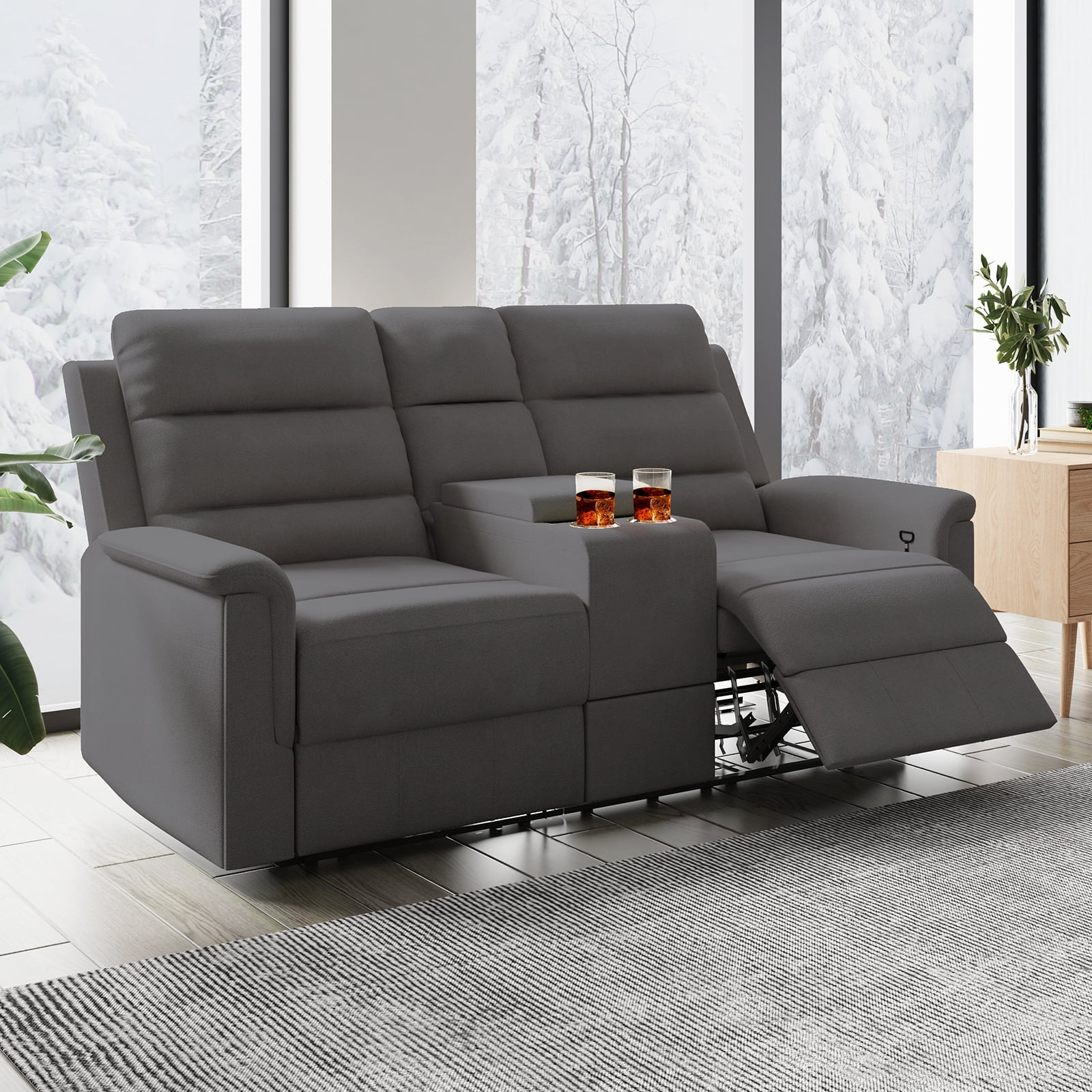 MUZZ Modern Reclining Sofa, Loveseat Recliner Sofa with Cup Holders, Flip-Up Storage, Reversible Backrest and Footrest, Gray