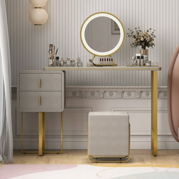 MUZZ Makeup Vanity Desk Set for Bedroom, Luxury Dressing Table with Storage Drawers&3 Colors Lighting(Style 9/S-Size)