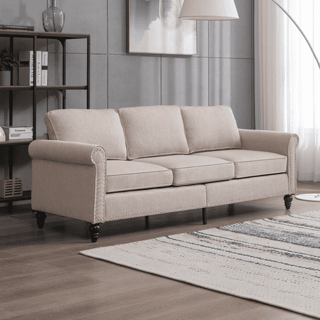 MUZZ Modern Linen 3-Seater Sofa with 5.9" Upholstered Cushion for Living Room/Apartment(Beige)