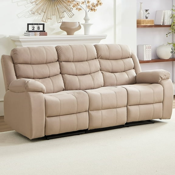 MUZZ Modern Reclining Sofa ,3-Seater Recliner Sofa with Cup Holders, Flip-Up Storage, Reversible Backrest and Footrest, Beige