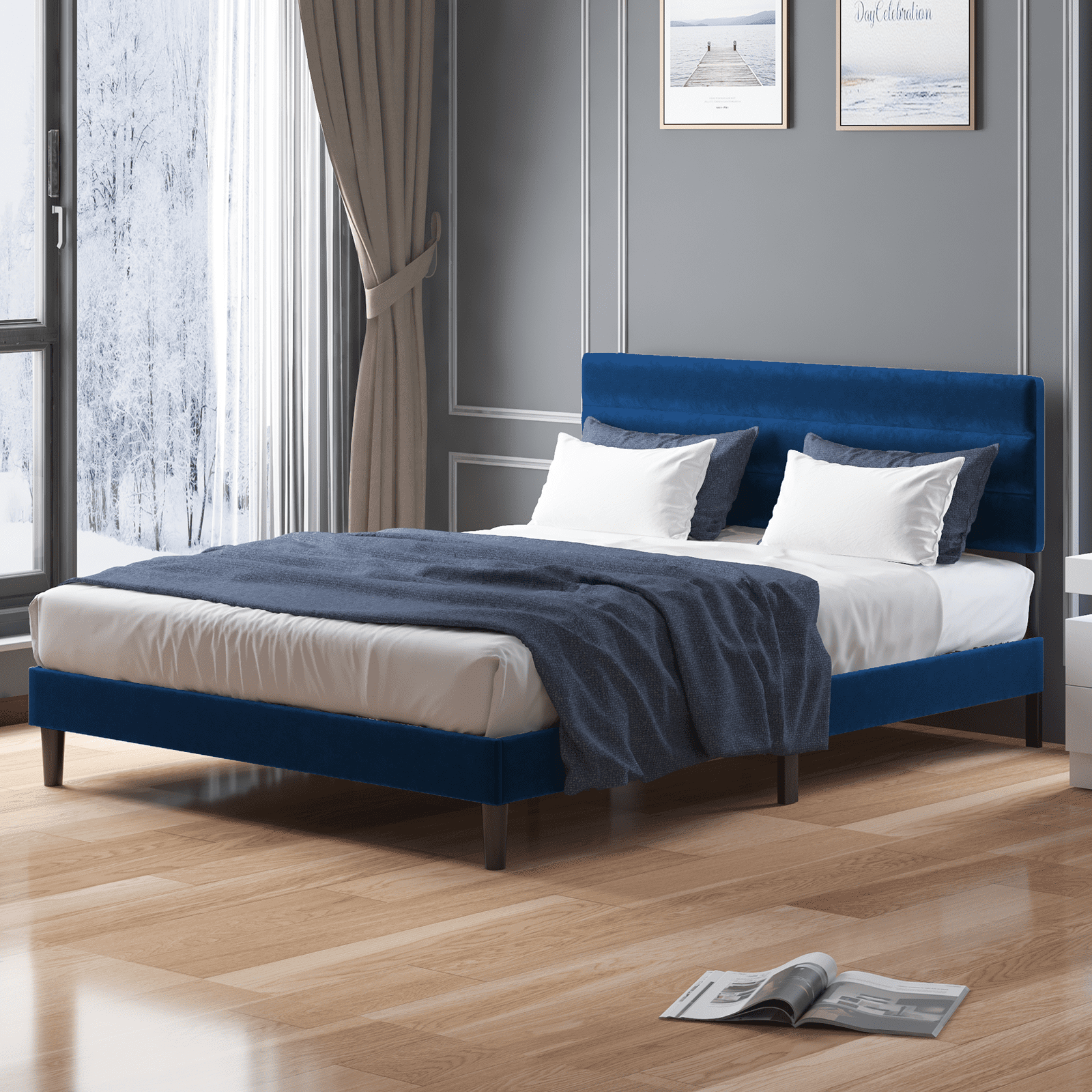 MUZZ Modern Upholstered Velvet Bed Frame, King Size Deluxe Platform Bed