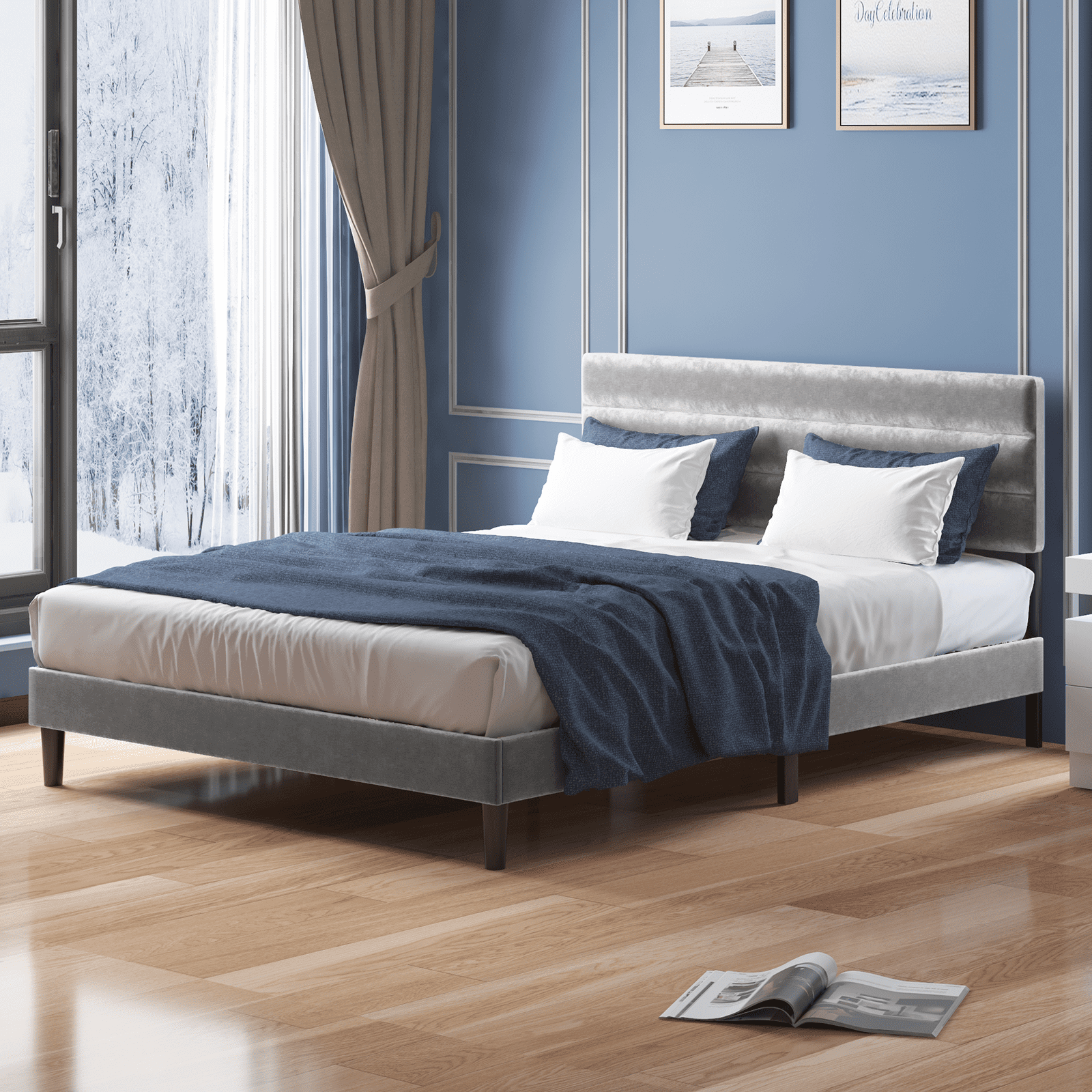 MUZZ Modern Upholstered Velvet Bed Frame, Queen Size Deluxe Platform