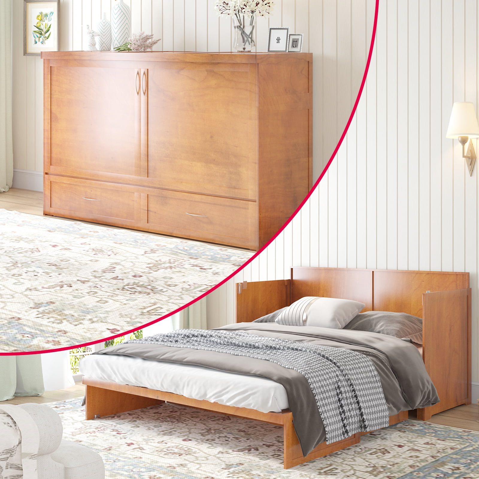 MUZZ Murphy Bed Chest with Foam Mattress, Queen Size Cabinet Bed with Charging Station and Large Drawer - Cherry