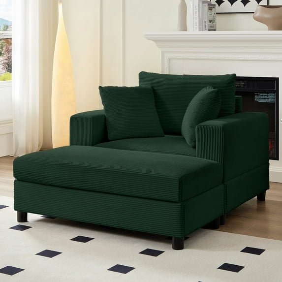 MUZZ Oversized Accent Chair with Ottoman for Living Room,Corduroy Indoor Upholstered Chaise Lounge,Reading Chair and Ottoman Set,Green