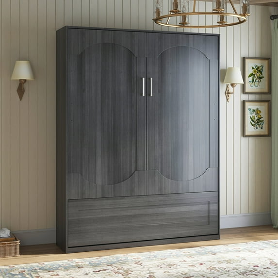 MUZZ Queen Murphy Bed with Upright Wardrobe, Space Saving Folding Murphy Wall Bed Cabinet for Bedroom /Apartment (Dark Grey/Style 11)