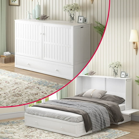 MUZZ Queen Size Murphy Bed, Guest Room Cabinet Bed with USB & Charging Station and Large Drawer for Apartment,White