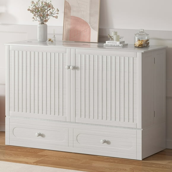 MUZZ Queen Size Murphy Bed, Guest Room Cabinet Bed with USB & Charging Station and Large Drawer for Apartment,White