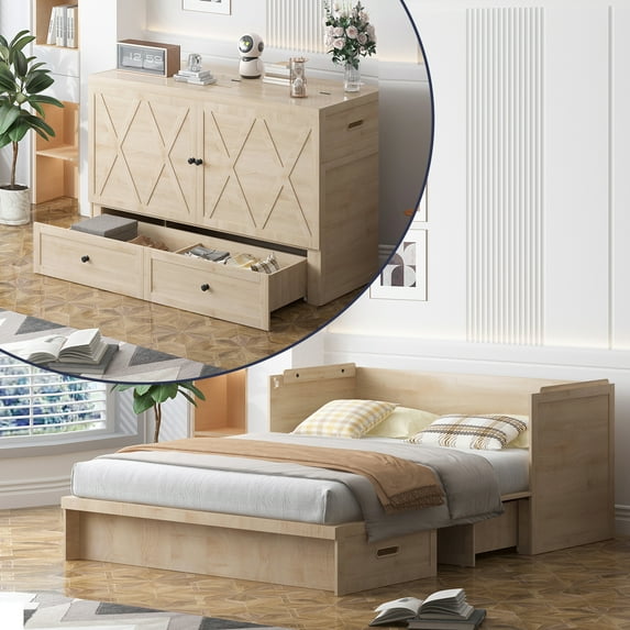MUZZ Queen Size Murphy Bed, Guest Room Cabinet Bed with USB & Charging Station and Large Drawer for Apartment, Natural