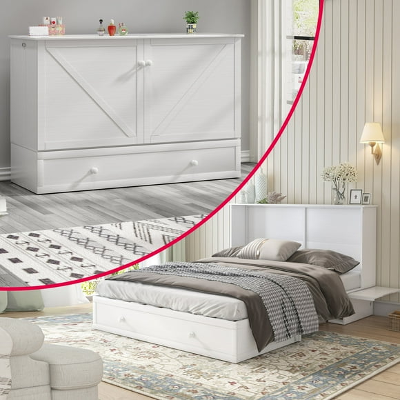 MUZZ Queen Size Murphy Bed, Guest Room Cabinet Bed with USB & Charging Station and Large Drawer for Apartment,White