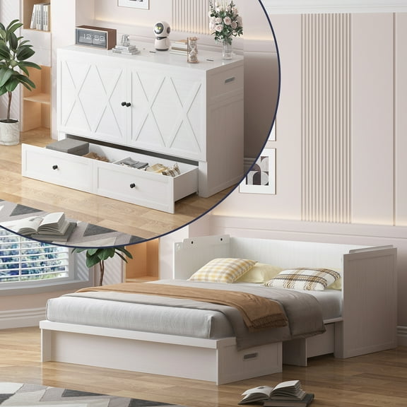 MUZZ Queen Size Murphy Bed, Guest Room Cabinet Bed with USB & Charging Station and Large Drawer for Apartment, White