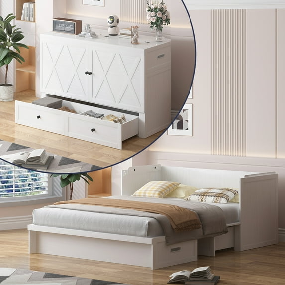 MUZZ Queen Size Murphy Bed, Guest Room Cabinet Bed with USB & Charging Station and Large Drawer for Apartment, White