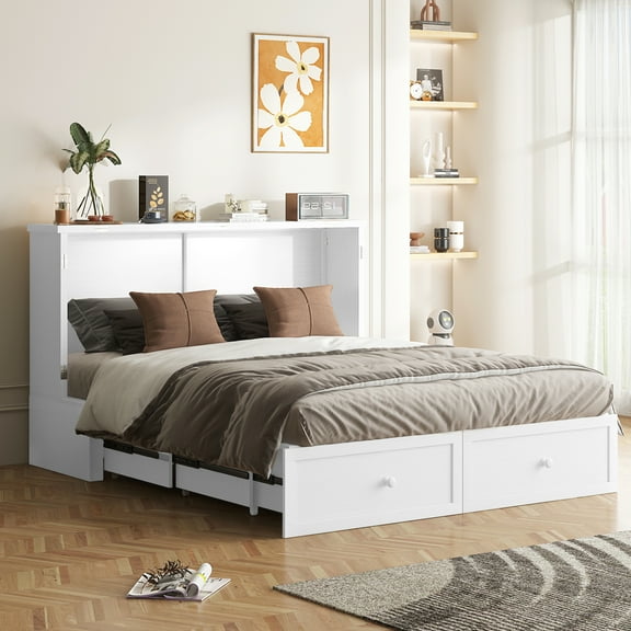 MUZZ Queen Size Murphy Cabinet Bed with USB Charging Station&Folding Foam Mattress for Bedroom/Apartment/Living Room(White)
