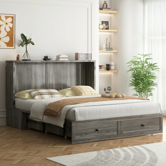 MUZZ Queen Size Murphy Cabinet Bed with Charging Station&Folding Foam Mattress for Bedroom/Apartment (Grey)