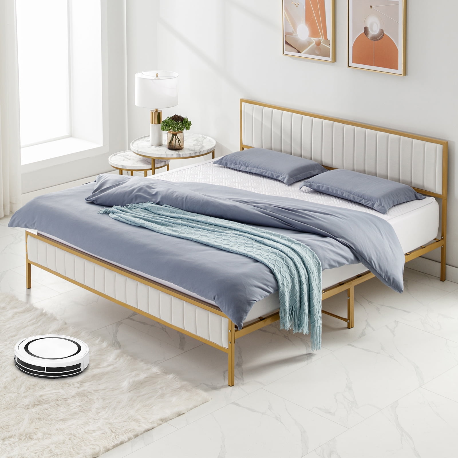 MUZZ Queen Size Upholstered Bed Frame with Golden Metal Slat Support, Wooden Bed Frame with Velvet Headboard(Golden/Beige, Queen)