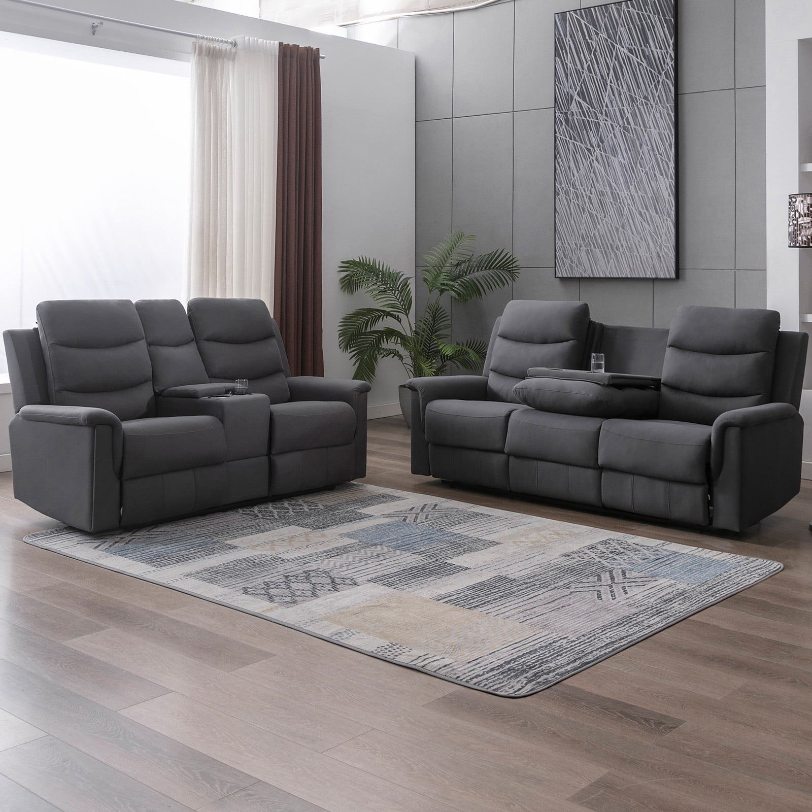 MUZZ Reclining Sofa Set, Modern Recliner Sofa with Cup Holders, Flip-Up Storage, Reversible Backrest and Footrest, Gray