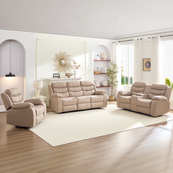 MUZZ Reclining Sofa Set, Modern Recliner Sofa with Cup Holders, Flip-up Storage, Reversible Backrest and Footrest, Beige