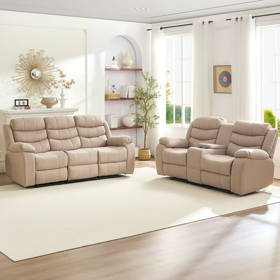 MUZZ Reclining Sofa Set, Modern Recliner Sofa with Cup Holders, Flip-Up Storage, Reversible Backrest and Footrest, Beige