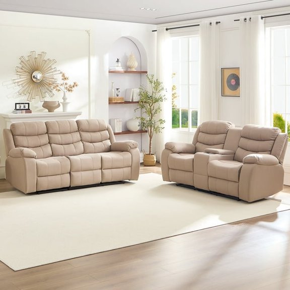 MUZZ Reclining Sofa Set, Modern Reclining Sofa with Cup Holder, Flip-Up Storage, Reversible Backrest and Footrest, Beige