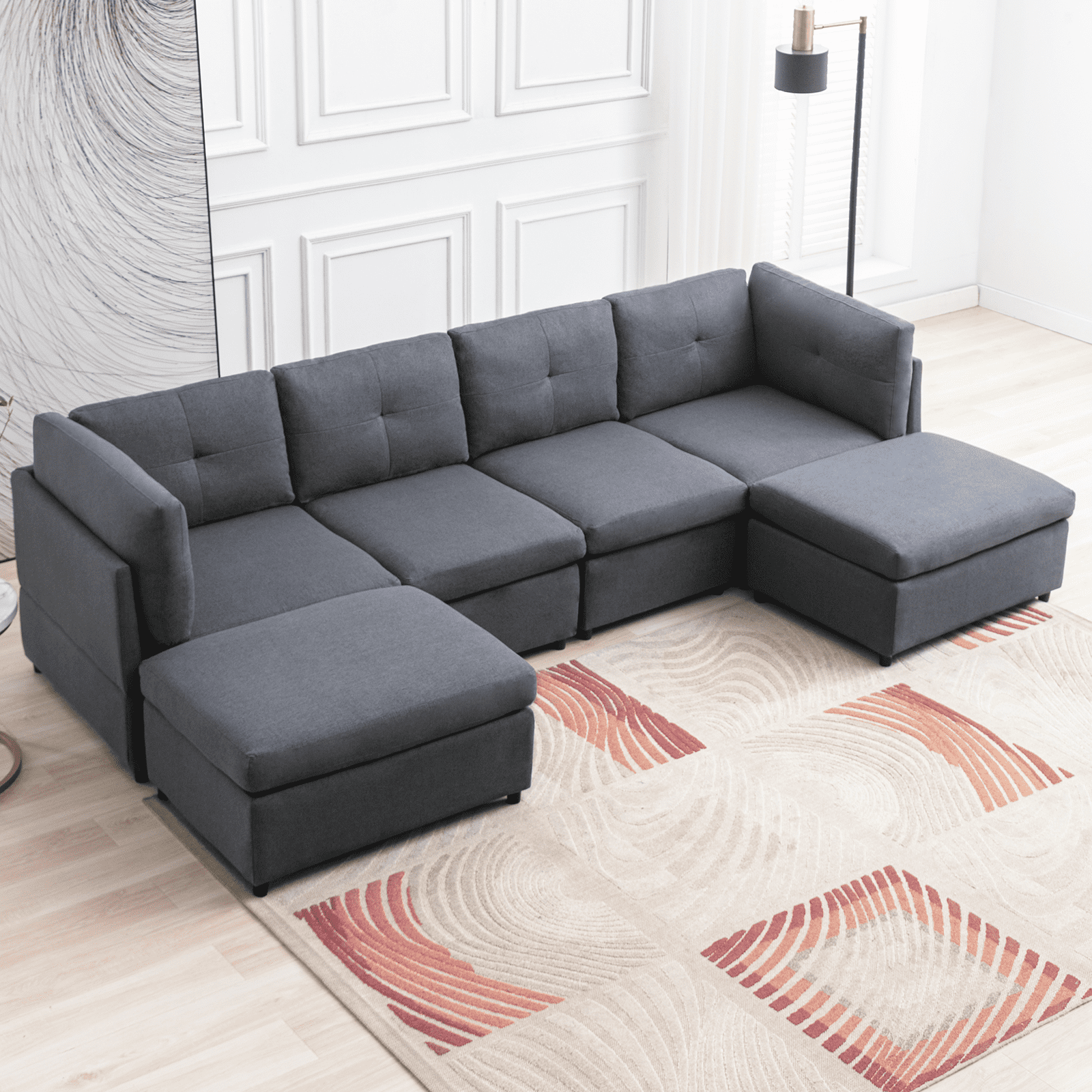 MUZZ U-Shaped Sectional Sofa, 118''Modular Sectional Sofa with Ottomans, 6-Seater Linen Fabric Couch Set for Living Room, Dark Grey