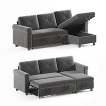 MUZZ Sectional Sofa Couch w/Pull Out Sofa Bed&Reversiable Storage Chaise for Living Room(Dark Grey)