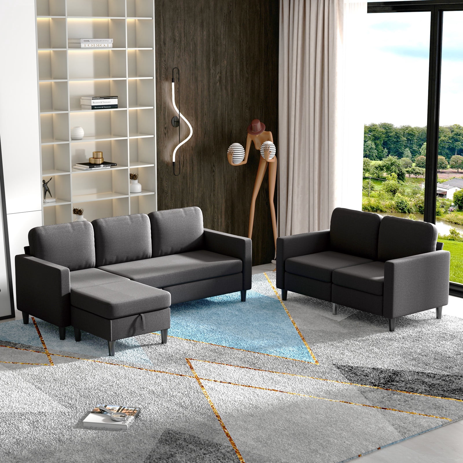 MUZZ Sectional Sofa Couches Set for Living Room (3-Seat Sectional Sofa&Loveseat Sofa/Dark Grey)