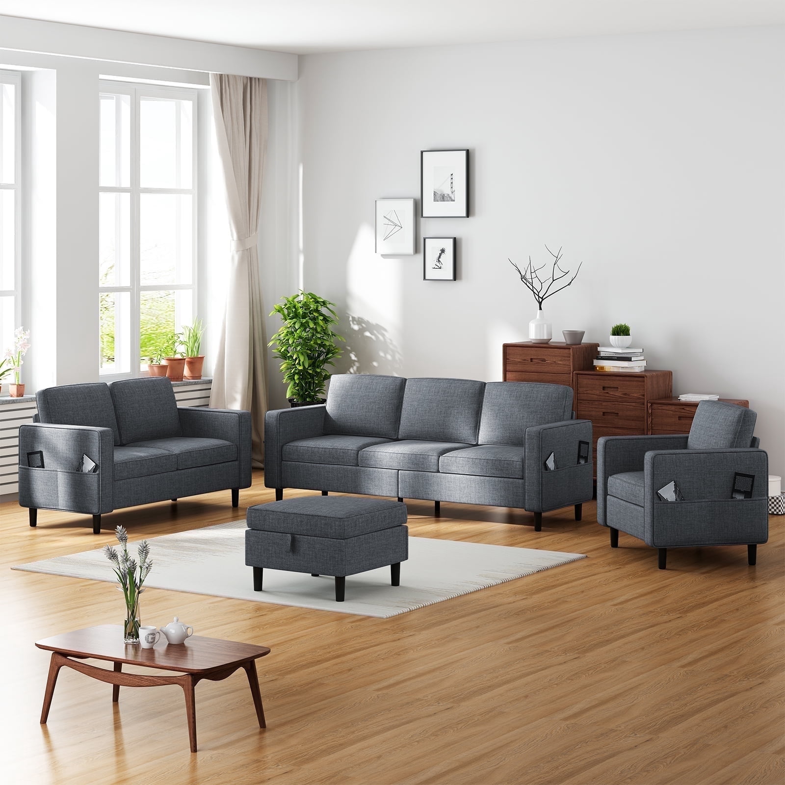 Puremind 3 Piece Sofa Set, Living Room Furniture Sets, Linen Sectional ...