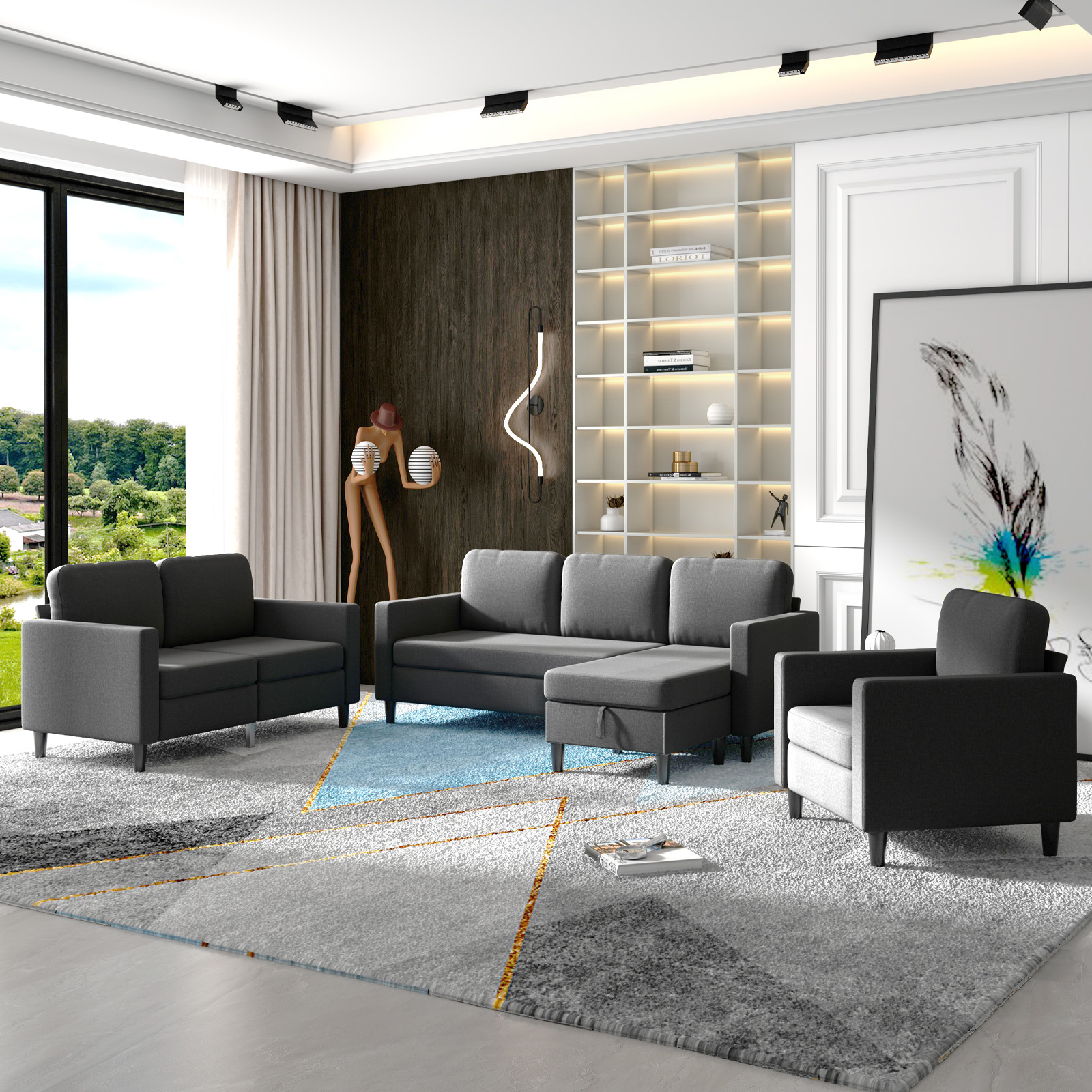 Puremind 3 Piece Sofa Set, Living Room Furniture Sets, Linen Sectional Sofa Couches for Small Spaces, Include 3 Seater Sofa, Loveseat, Armchair and Storage Ottoman, Dark Grey