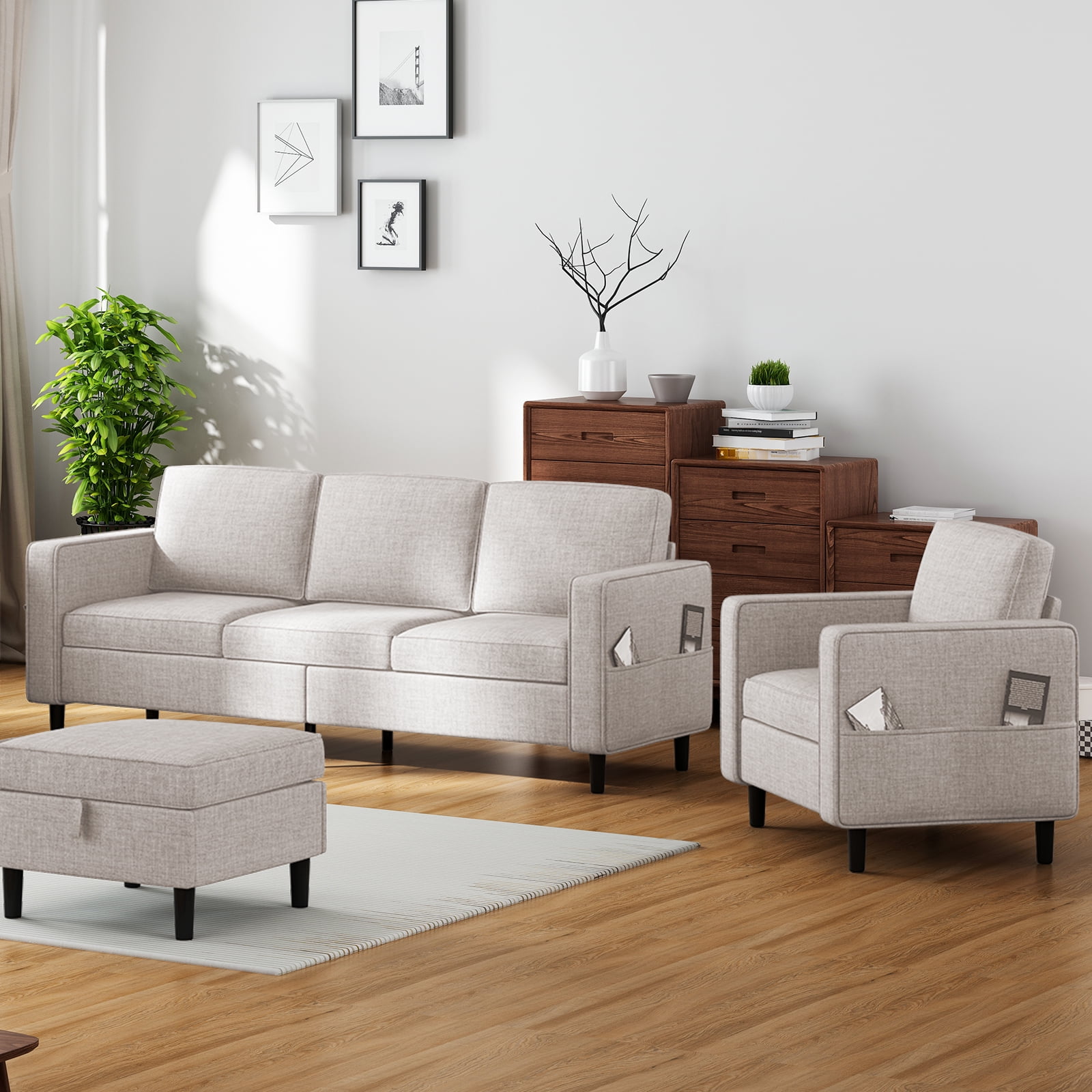 Puremind 2 Piece Living Room Sofa Set, Linen Sectional Sofa and ...