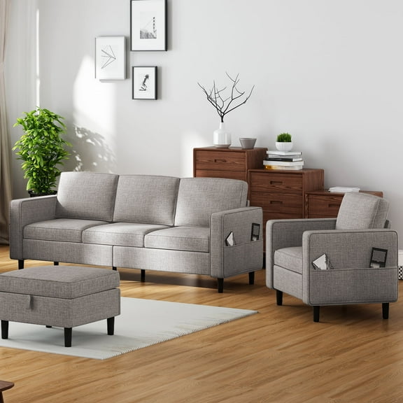 Puremind 2 Piece Living Room Sofa Set, Linen Sectional Sofa and Armchair Set with Movable Storage Ottoman for Living Room/Apartment, Light Grey