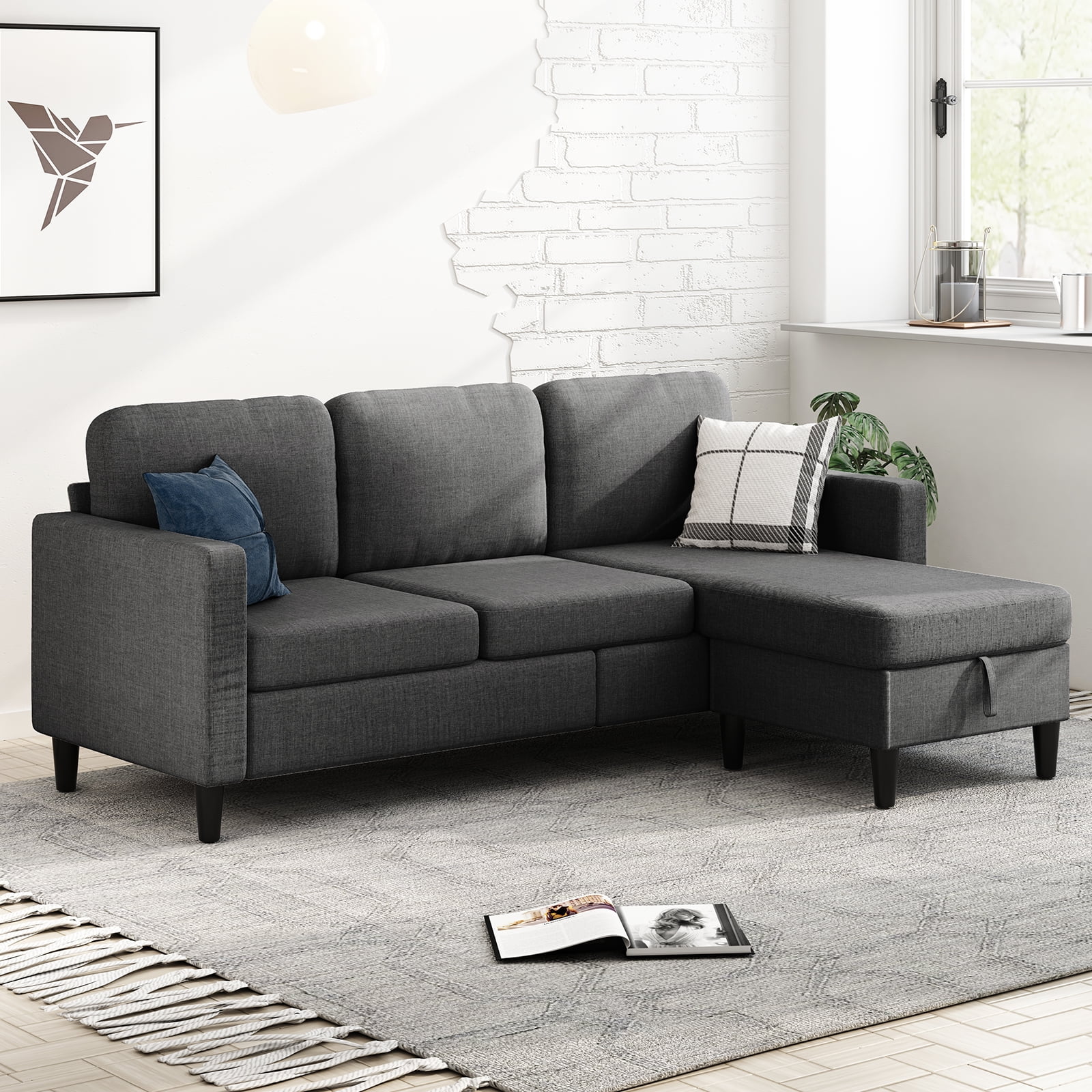 MUZZ 86"Sectional Sofa w/Movable Storage Ottoman,Linen Fabric L-Shaped ...