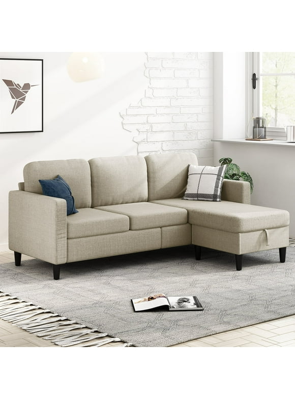 MUZZ Sectional Sofa with Movable Ottoman, Free Combination Sectional Couch, Small L Shaped Sectional Sofa with Storage Ottoman,Linen Fabric Wood Frame Sofa Set for Living Room (Beige)