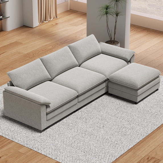 MUZZ Sectional Sofa with Ottoman, Small L Shaped Free Combination Velvet Couch Furniture for Living Room, Light Gray