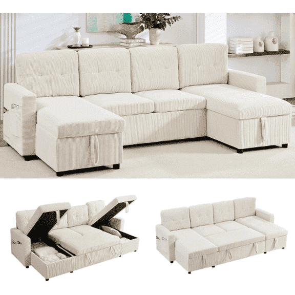 Puremind 103" Pull Out Sofa Bed with Double Storage Chaise, Corduroy U Shaped Convertible Sectional Sleeper Sofa for Living Room, Beige