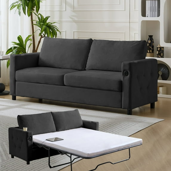 Puremind Sleeper Sofa with Pull out Couch, Full Size Convertible Sofa Bed with Mattress, USB Ports & Cup Holder, Dark Grey