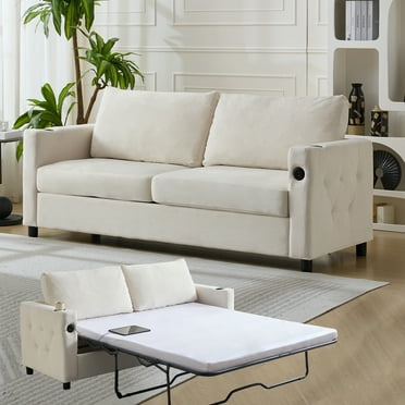 MUZZ Sleeper Sofa with Pull out Couch, Queen Size Convertible Sofa Bed with Mattress, USB Ports & Cup Holder, Beige