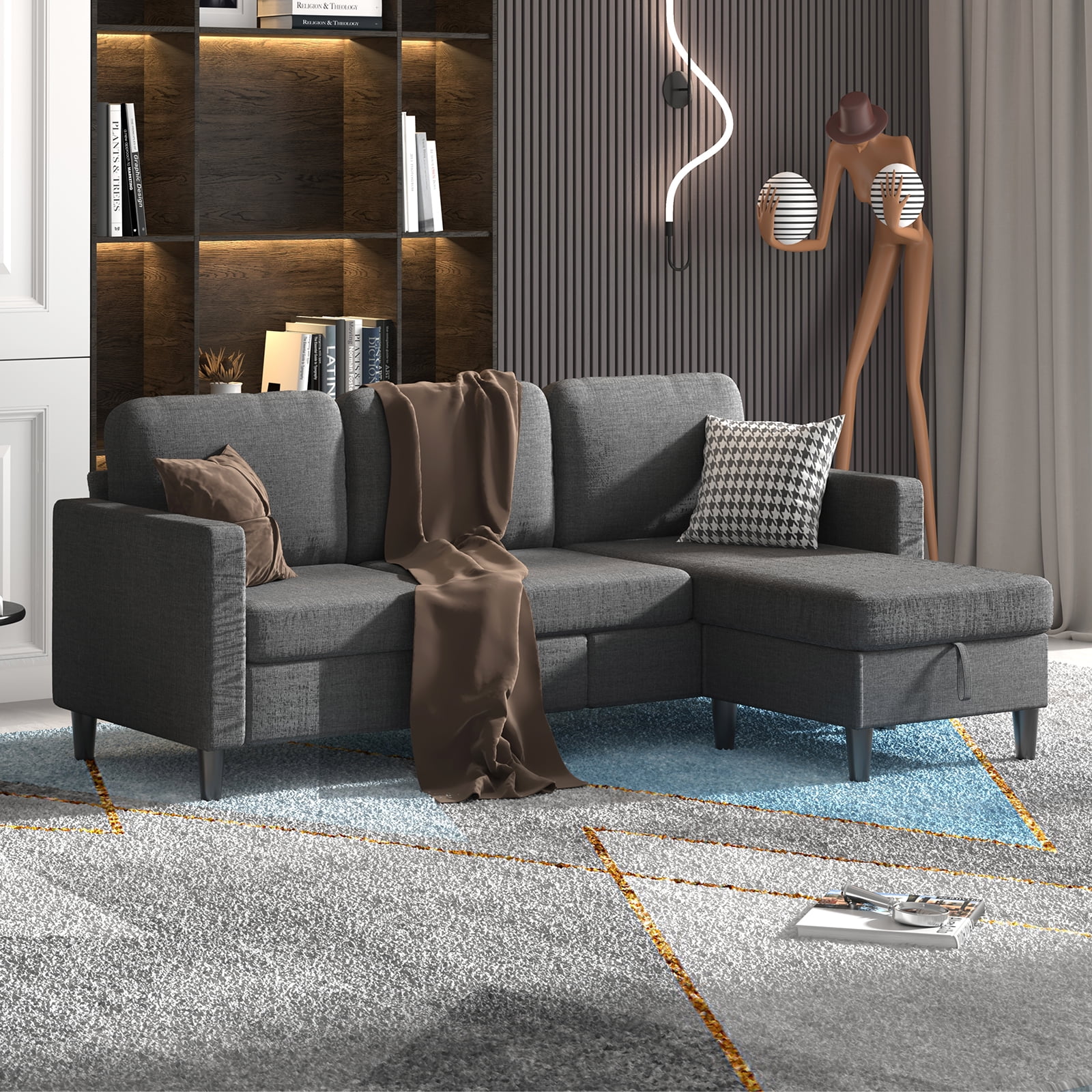MUZZ Small Convertible Sectional Sofa with Movable Storage Ottoman,Sectional Couch for Living Room(Dark Grey)