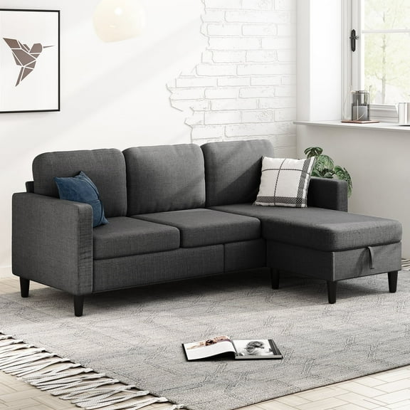 MUZZ 76" Small Space Sectional Sofa with Storage – L-Shaped with Storage Ottoman & Movable Modules, Dark Grey Linen Living Room Couch