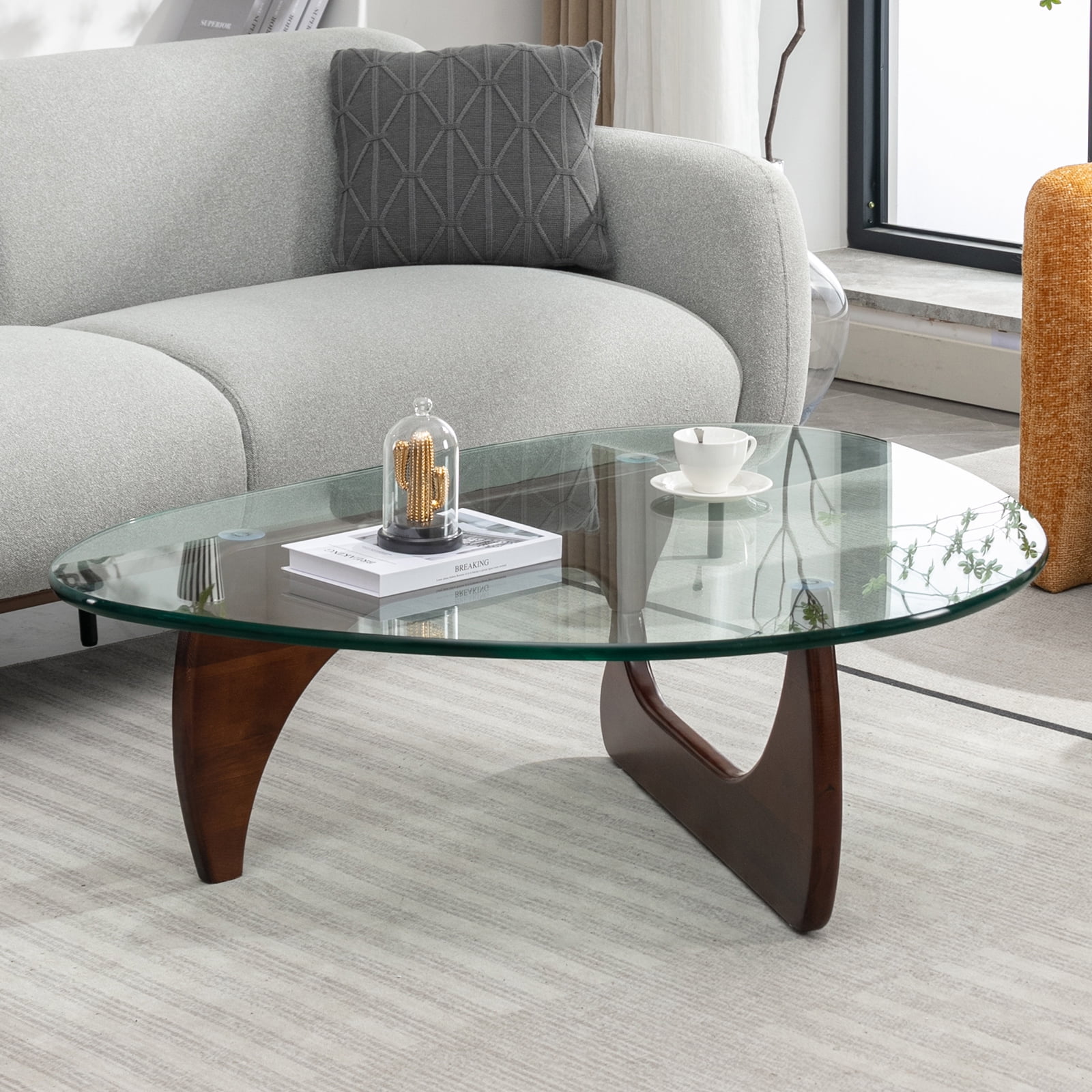 MUZZ Triangle Glass Coffee Table Vintage Glass End Table, Solid Wood Base and Triangle Clear Glass Top Modern End Table for Living Room/Study(19mm,Dark Walnut)