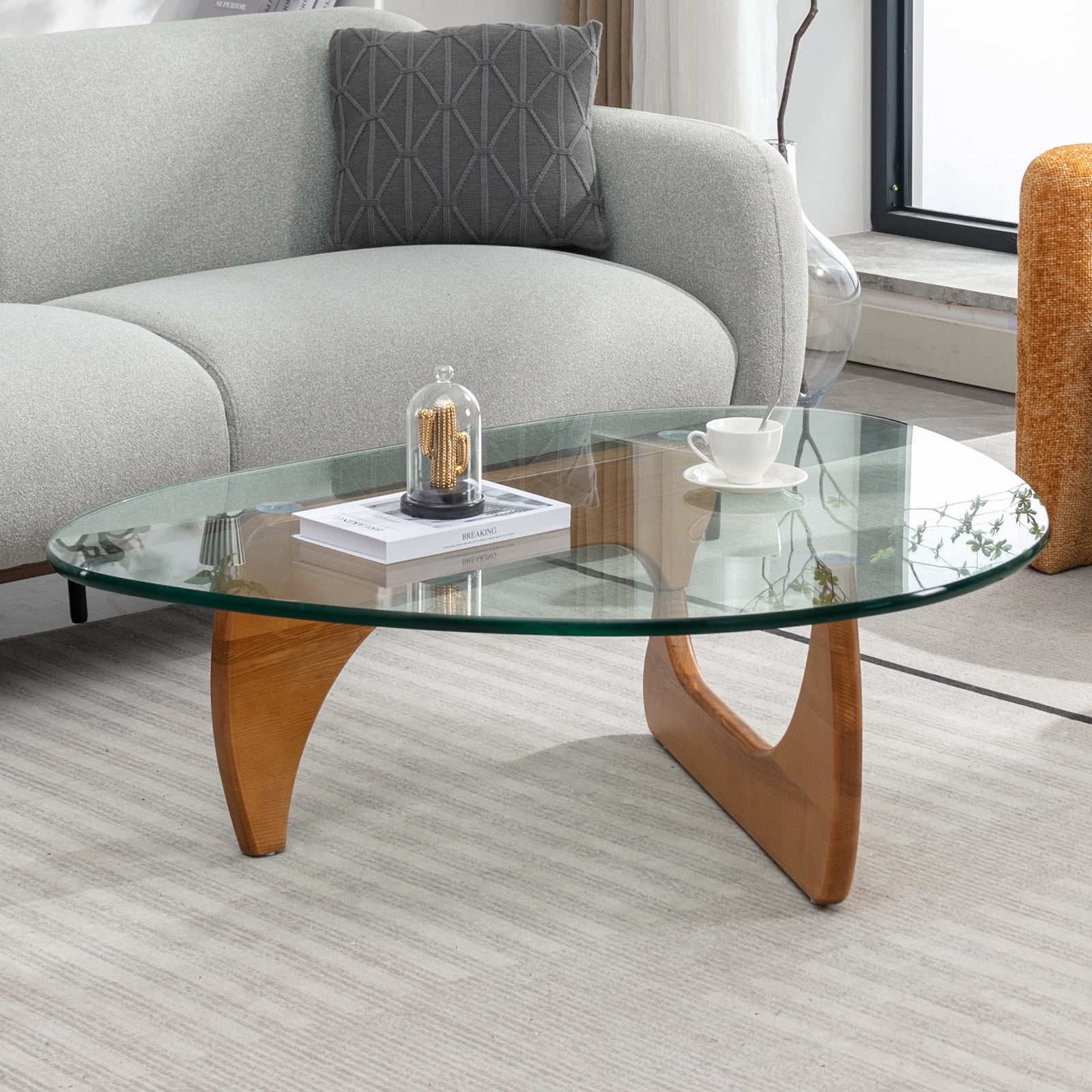 MUZZ Triangle Glass Coffee Table Vintage Glass End Table, Solid Wood Base and Triangle Clear