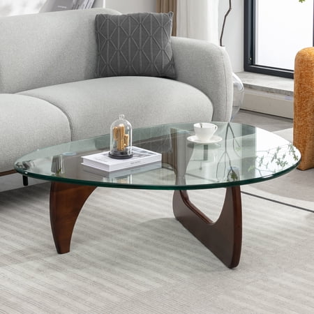MUZZ Triangle Glass Coffee Table Vintage Glass End Table, Solid Wood Base and Triangle Clear Glass Top Modern End Table for Living Room/Study(19mm,Dark Walnut)