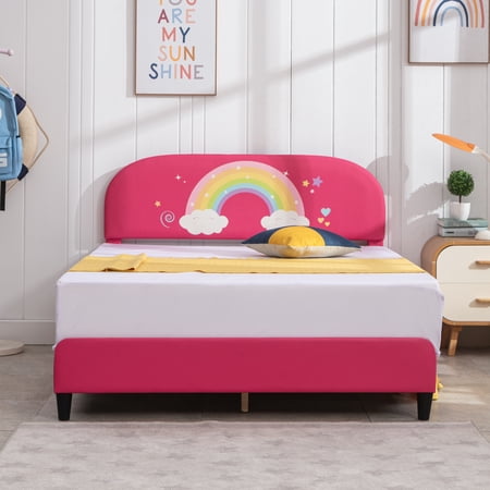 MUZZ Twin Size Kids Bed Frame, Faux Leather Upholstered Platform Bed Frame with Curved Headboard, Pink Princess Bed Frame for Children ( Twin, Rainbow )