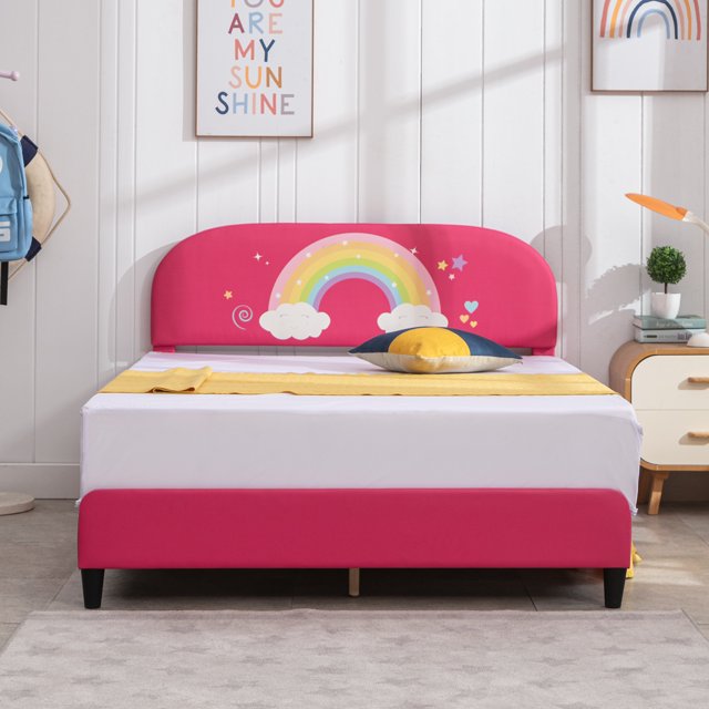 MUZZ Twin Size Kids Bed Frame, Faux Leather Upholstered Platform Bed Frame with Curved Headboard