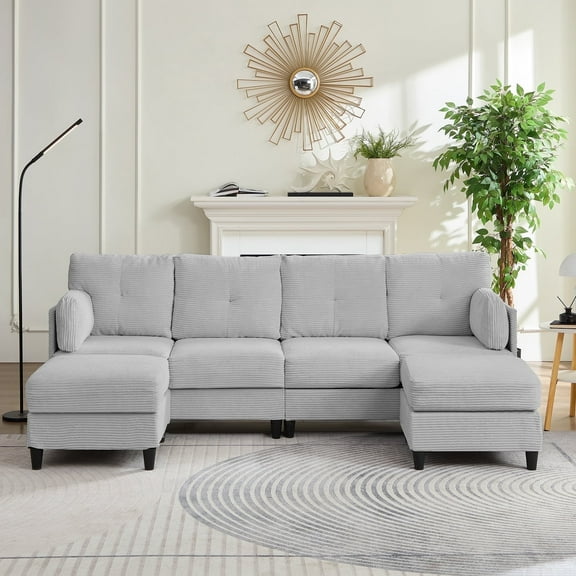 MUZZ U Shaped Sectional Sofa, 6-Seats Modular Sofa with Chaises, Corduroy Sofa for Living Room, Light Grey