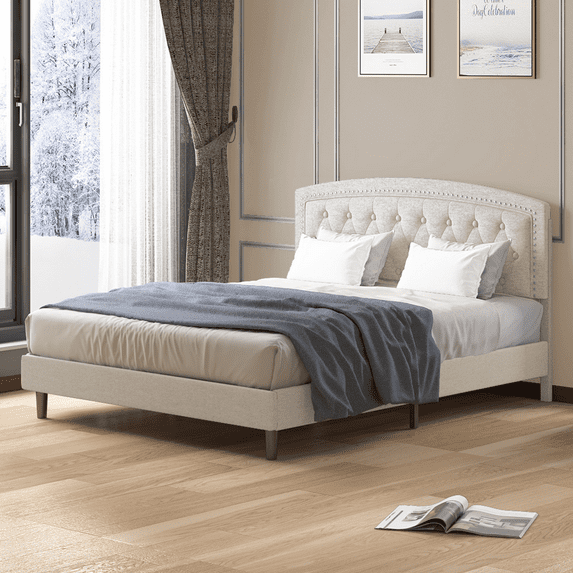 MUZZ Upholstered Linen Full Size Platform Bed Frame, with Button Trim Headboard, Strong Wooden Slats Support, Easy to Assemble No Box Spring Needed (Beige)