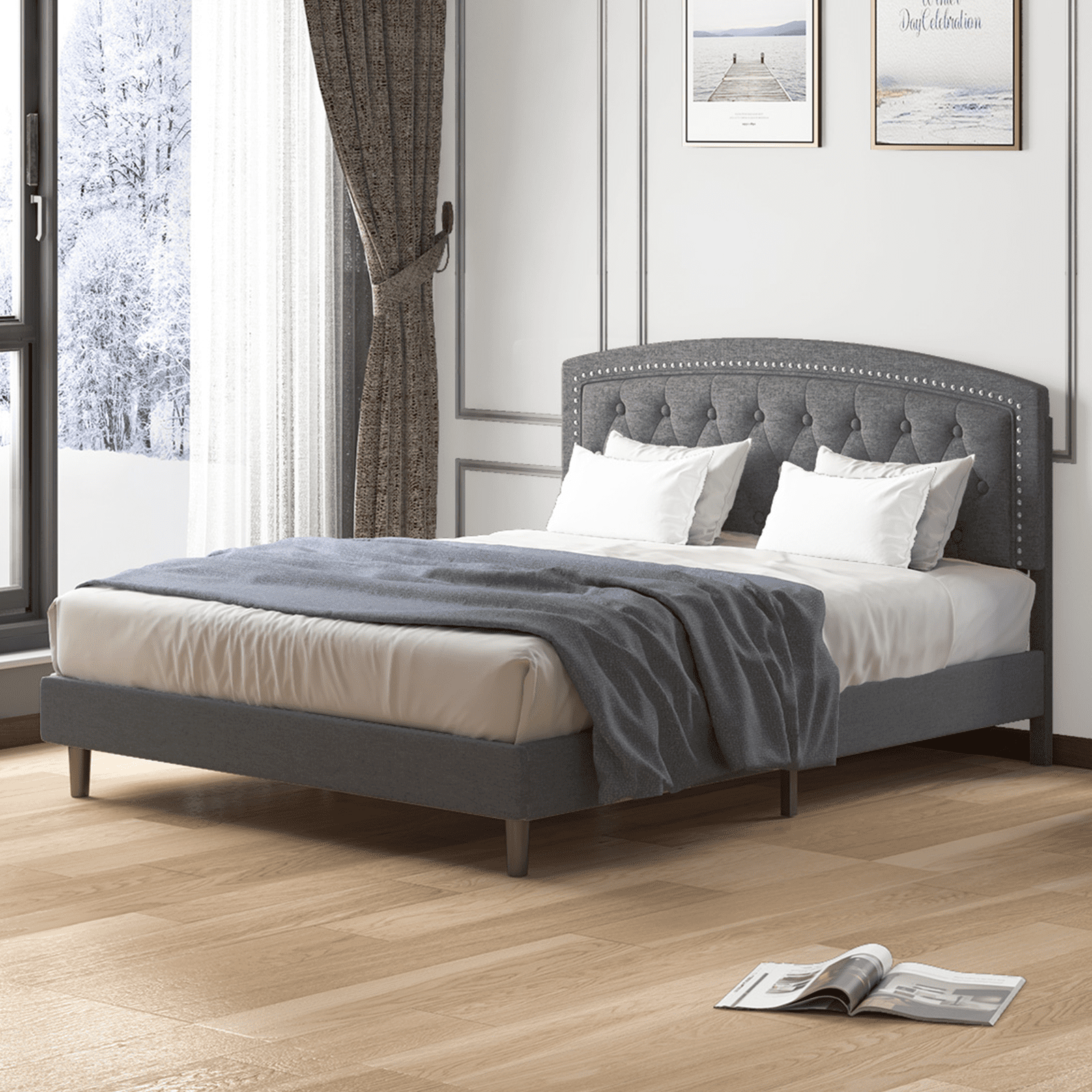 MUZZ Upholstered Linen Queen Size Platform Bed Frame, with Button Trim