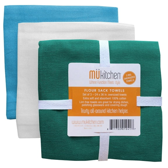 MUkitchen 100% Cotton Oversized Flour Sack Towel, Peacock - Set of 3