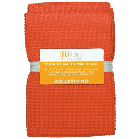 MUkitchen Microfiber Waffle Dishtowel, 17 by 25-1/2 Inches, Set of 2, Coral