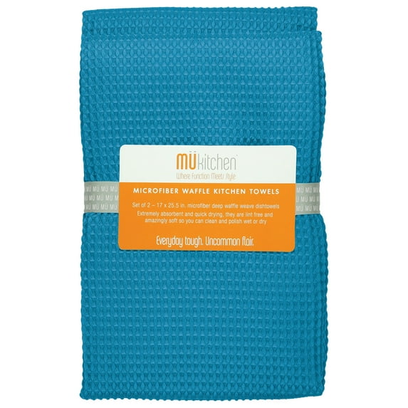 MUkitchen Microfiber Waffle Dishtowel, 17 by 25-1/2 Inches, Set of 2, Sea Blue